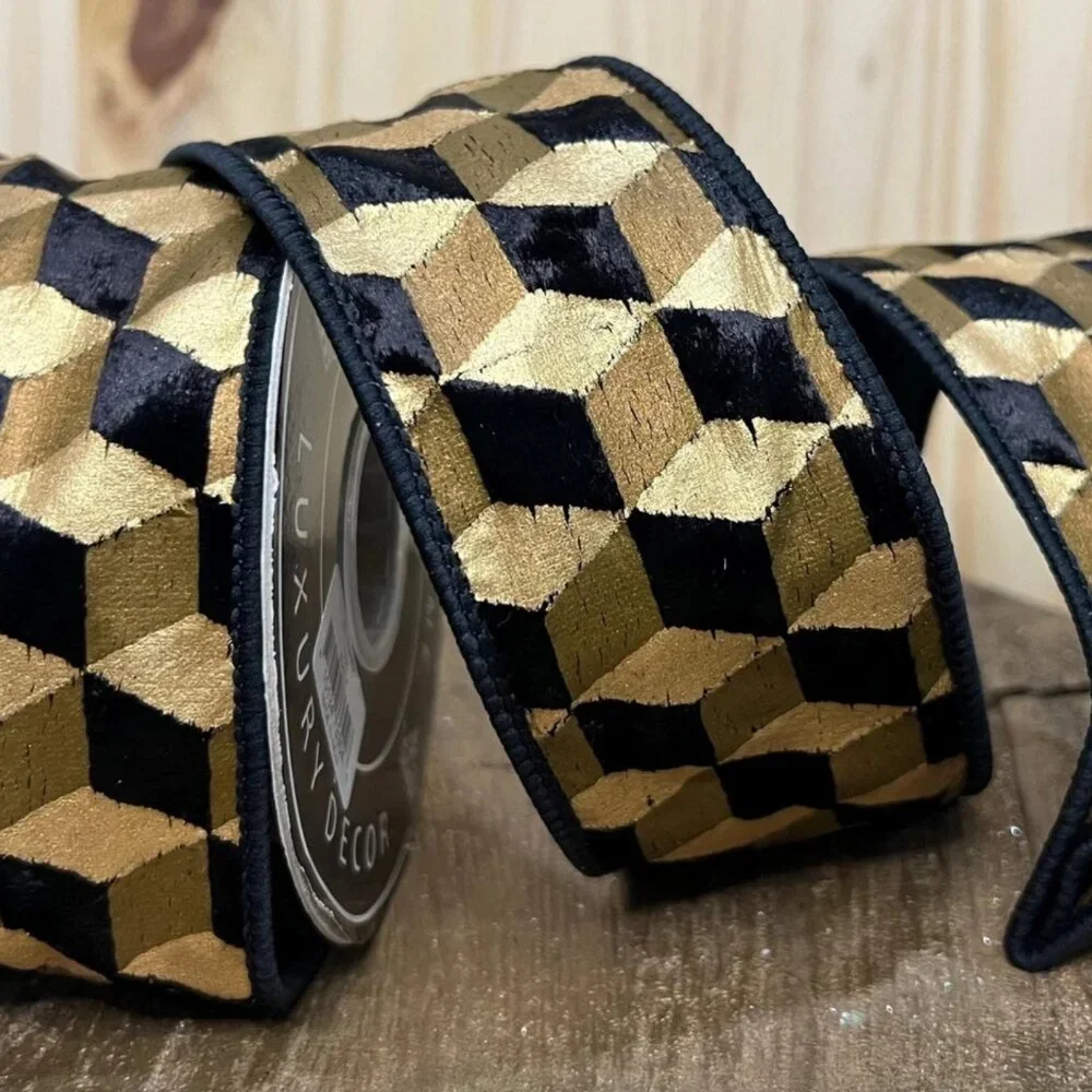 2.5 Inch 3D Cube Black and Gold Wired Ribbon Holiday Craft Supplies